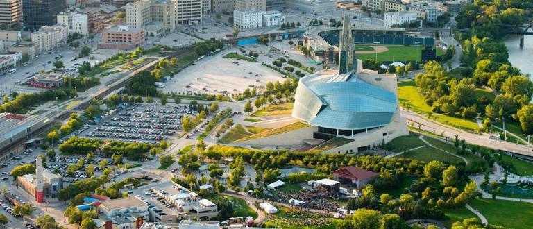 An aerial view of the Canadian Museum for Human Rights in summer time